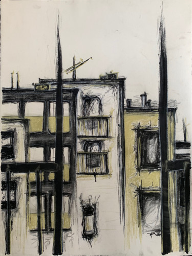 Drawing titled "Brooklyn Fire Escape" by Elena Disabato (Red Kimono Design), Original Artwork, Charcoal Mounted on Cardboard