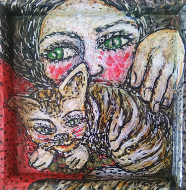 Painting titled "Femme et chaton" by Karine Garelli (Reds Robin), Original Artwork, Acrylic