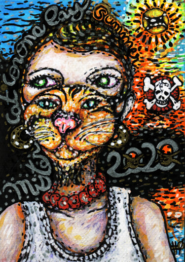 Dessin intitulée "#00 - Cat Corona at…" par Karine Garelli (Reds Robin), Œuvre d'art originale, Marqueur