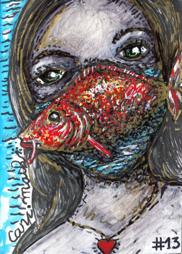 Dessin intitulée "#13-Carp Mask" par Karine Garelli (Reds Robin), Œuvre d'art originale, Marqueur