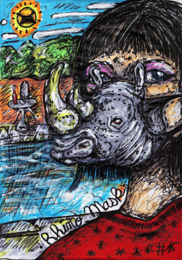 Dessin intitulée "#16-Rhino Mask" par Karine Garelli (Reds Robin), Œuvre d'art originale, Marqueur