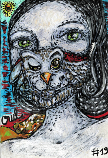 Drawing titled "#19-Owl Mask" by Karine Garelli (Reds Robin), Original Artwork, Marker