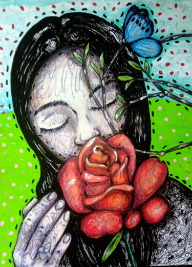 Tekening getiteld "Fleur Rose" door Karine Garelli (Reds Robin), Origineel Kunstwerk, Balpen