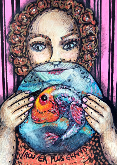 Zeichnungen mit dem Titel "Big Fish" von Karine Garelli (Reds Robin), Original-Kunstwerk, Gouache