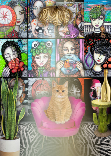 "Big Gold Cat" başlıklı Dijital Sanat Karine Garelli (Reds Robin) tarafından, Orijinal sanat, Dijital Kolaj