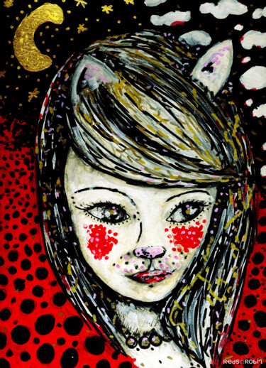 Dessin intitulée "Femma Chat - Mirage" par Karine Garelli (Reds Robin), Œuvre d'art originale, Marqueur
