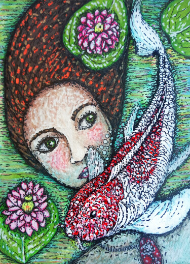 Рисунок под названием "L'étang en surface" - Karine Garelli (Reds Robin), Подлинное произведение искусства, Маркер