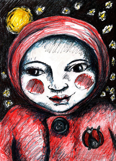 Tekening getiteld "L'Enfant" door Karine Garelli (Reds Robin), Origineel Kunstwerk, Marker