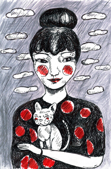 Dessin intitulée "Le Chat de la fille" par Karine Garelli (Reds Robin), Œuvre d'art originale, Autre