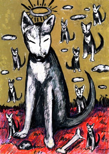 Dessin intitulée "Dogs Paradize" par Karine Garelli (Reds Robin), Œuvre d'art originale, Gouache