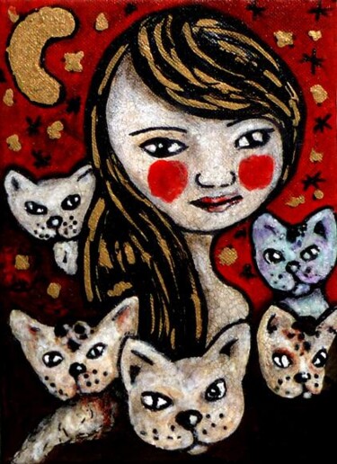 Peinture intitulée "Fille et 5 chats la…" par Karine Garelli (Reds Robin), Œuvre d'art originale, Huile
