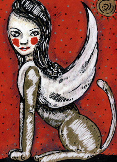 Dessin intitulée "Hybride sphinx" par Karine Garelli (Reds Robin), Œuvre d'art originale, Marqueur