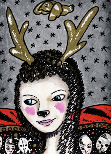 Dessin intitulée "femme-renne" par Karine Garelli (Reds Robin), Œuvre d'art originale, Marqueur