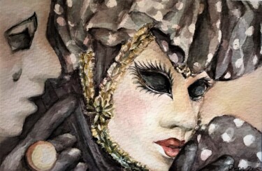 Painting titled ""Masks Carnival"" by Reda Pinchera, Original Artwork, Watercolor