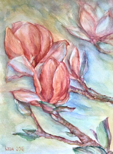 绘画 标题为“"Red Magnolias"” 由Reda Pinchera, 原创艺术品, 水彩