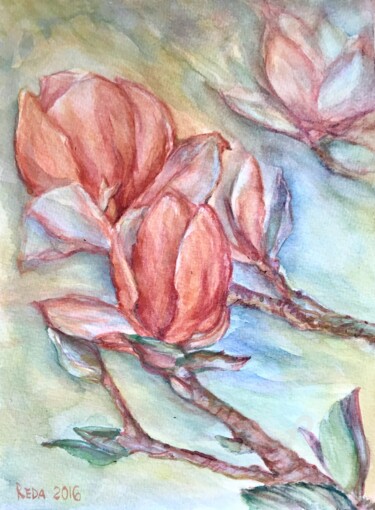 Schilderij getiteld ""Red Magnolias"" door Reda Pinchera, Origineel Kunstwerk, Aquarel