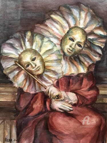 Painting titled ""Masks" - Carnival…" by Reda Pinchera, Original Artwork, Watercolor