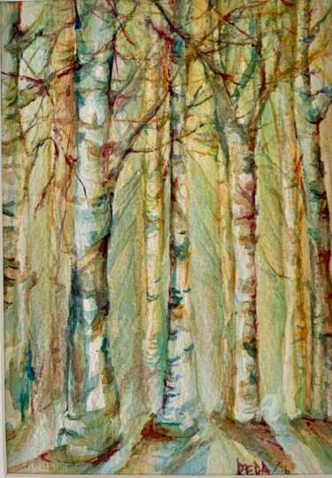 Painting titled "Birches" by Reda Pinchera, Original Artwork, Watercolor Mounted on Cardboard