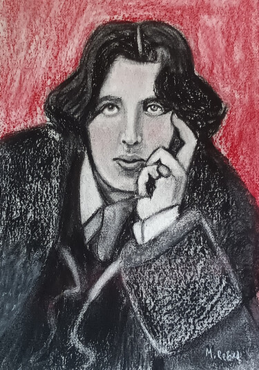 Drawing titled "The young Oscar" by Marit Refsnes, Original Artwork, Charcoal Mounted on Glass