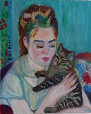 Dessin intitulée "Femme au chat après…" par Marit Refsnes, Œuvre d'art originale, Pastel Monté sur Châssis en bois