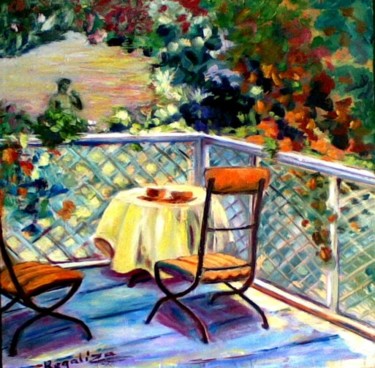 Peinture intitulée "Terraza al jardin" par Regaliza, Œuvre d'art originale, Huile
