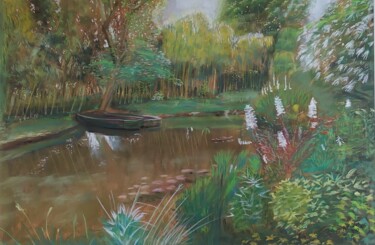 Painting titled "La barque à Giverny" by Regilles, Original Artwork, Pastel Mounted on Cardboard