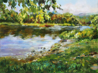 Painting titled "Quiet water. Impres…" by Regina Butkuviene, Original Artwork, Oil Mounted on Wood Stretcher frame