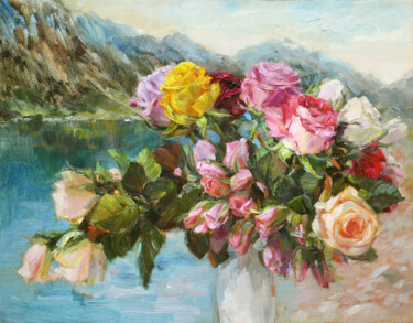 Painting titled "A bouquet of roses.…" by Regina Butkuviene, Original Artwork, Oil Mounted on Cardboard