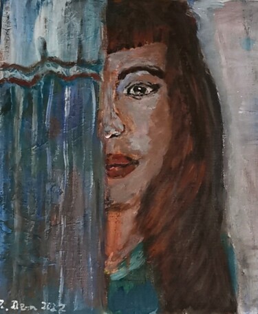 Painting titled "Anna behind the cur…" by Regina Dem, Original Artwork, Acrylic