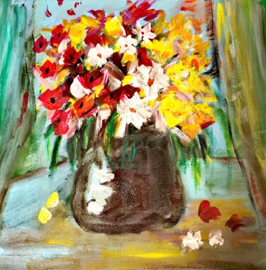 Painting titled "Bouquet of flowers" by Regina Dem, Original Artwork, Acrylic Mounted on Wood Stretcher frame