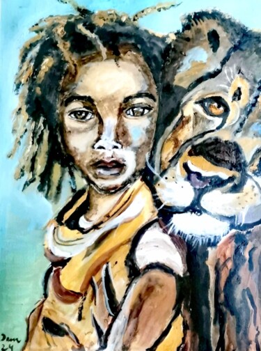 Painting titled "Lion Love" by Regina Dem, Original Artwork, Acrylic