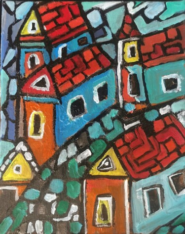 Painting titled "My liitle old town" by Regina Dem, Original Artwork, Acrylic Mounted on Wood Stretcher frame