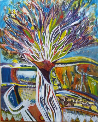 Painting titled "Tree with monitor" by Regina Kehrer, Original Artwork, Acrylic Mounted on Wood Panel