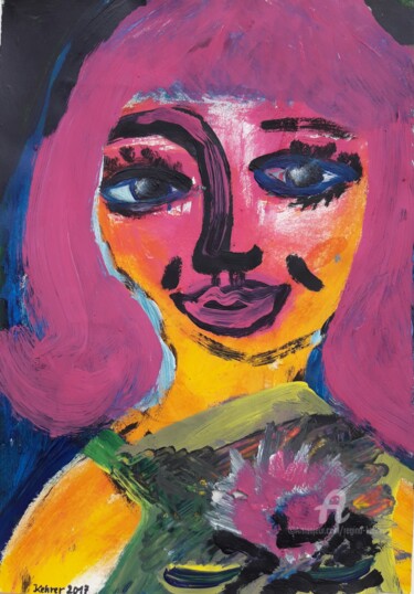 Картина под названием "Young woman with fl…" - Regina Kehrer, Подлинное произведение искусства, Акрил