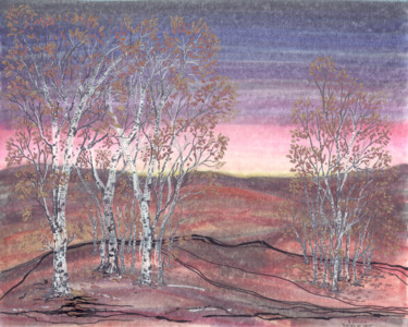 Drawing titled "Birches at Dawn" by Regina Valluzzi, Original Artwork, Ink