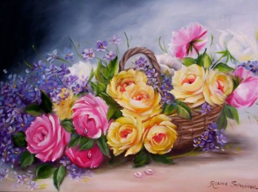 Pintura intitulada "CESTO DE FLORES" por Regina Schwingel, Obras de arte originais