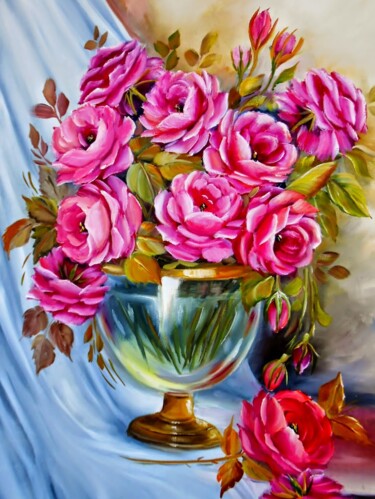 Schilderij getiteld "Vaso de rosas  rosas" door Regina Schwingel, Origineel Kunstwerk, Olie