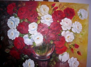 Pintura intitulada "rosas brancas e ver…" por Regina Schwingel, Obras de arte originais