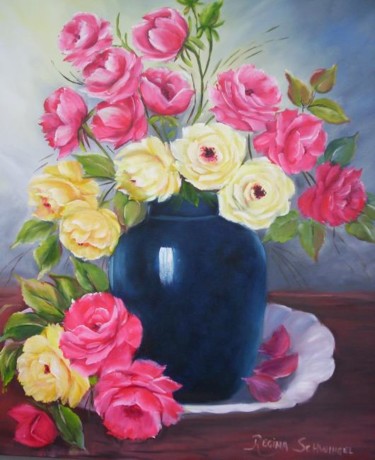 Pintura intitulada "Rosas no vaso azul" por Regina Schwingel, Obras de arte originais
