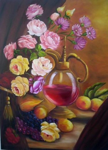 Painting titled "ROSAS E FRUTAS" by Regina Schwingel, Original Artwork