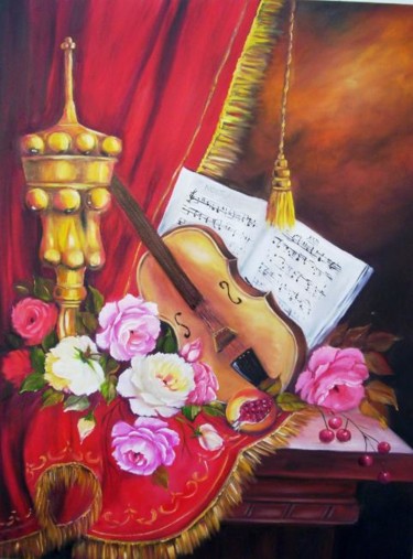 Pintura intitulada "VIOLINO E FLORES" por Regina Schwingel, Obras de arte originais, Óleo