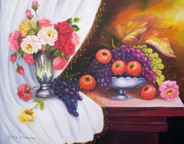 Painting titled "FLORES UVAS E CAQUIS" by Regina Schwingel, Original Artwork, Oil