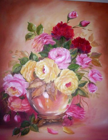 Painting titled "ROSAS COLORIDAS" by Regina Schwingel, Original Artwork, Oil