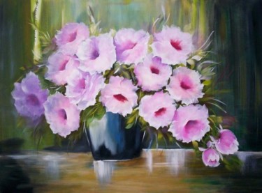 Schilderij getiteld "VASO DE FLORES ROSAS" door Regina Schwingel, Origineel Kunstwerk