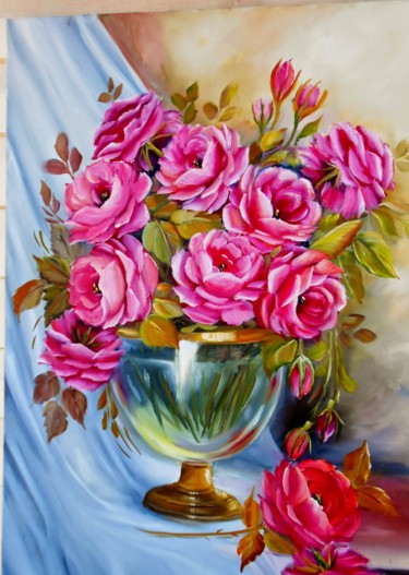 Pintura intitulada "FLORAL DE ROSAS ROS…" por Regina Schwingel, Obras de arte originais, Óleo Montado em Armação em madeira