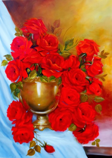 Painting titled "VASO DE ROSAS VERME…" by Regina Schwingel, Original Artwork