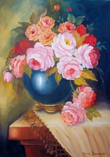 Pintura intitulada "VASO AZUL E FLORES…" por Regina Schwingel, Obras de arte originais