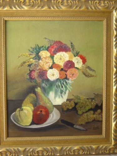 Malerei mit dem Titel "le bouquet aux poir…" von Regine Tasset, Original-Kunstwerk, Öl