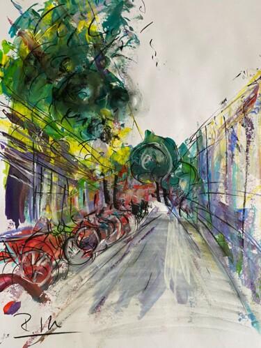 Картина под названием "Rue sous des arbres" - Regine Blot, Подлинное произведение искусства, Акрил Установлен на Деревянная…