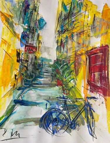 Painting titled "Ruelle avec vélo" by Regine Blot, Original Artwork, Acrylic Mounted on Wood Panel